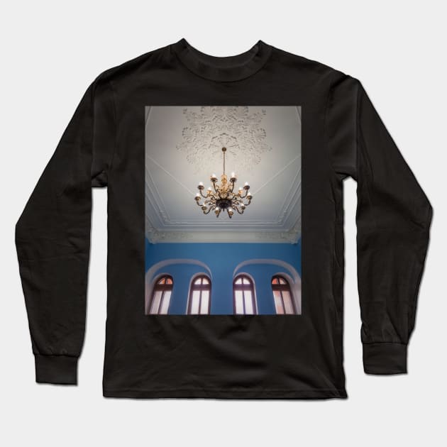golden chandelier suspended down a ornate ceiling Long Sleeve T-Shirt by psychoshadow